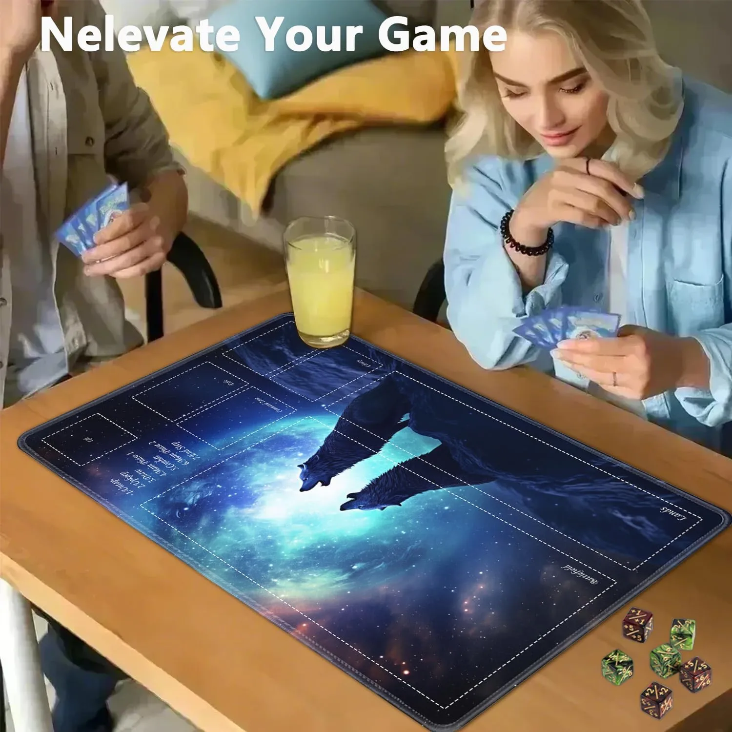 JVGFYNKL for TCG Playmat, Playmat with Zones, 24x14 in Non-Slip Rubber for MTG Playmat with Drawstring Travel Pouch and 6 Dice, Wolf Dragon Aurora Night for MTG Mat, Card Game Playmats