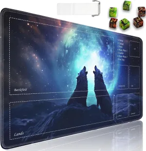 JVGFYNKL for TCG Playmat, Playmat with Zones, 24x14 in Non-Slip Rubber for MTG Playmat with Drawstring Travel Pouch and 6 Dice, Wolf Dragon Aurora Night for MTG Mat, Card Game Playmats