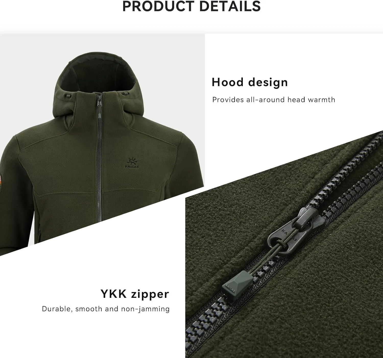 KAILAS Men's Fleece Hooded Full Zip Jacket Lightweight Winter Jacket Polar Warm Coat Pockets Outdoor Jacket