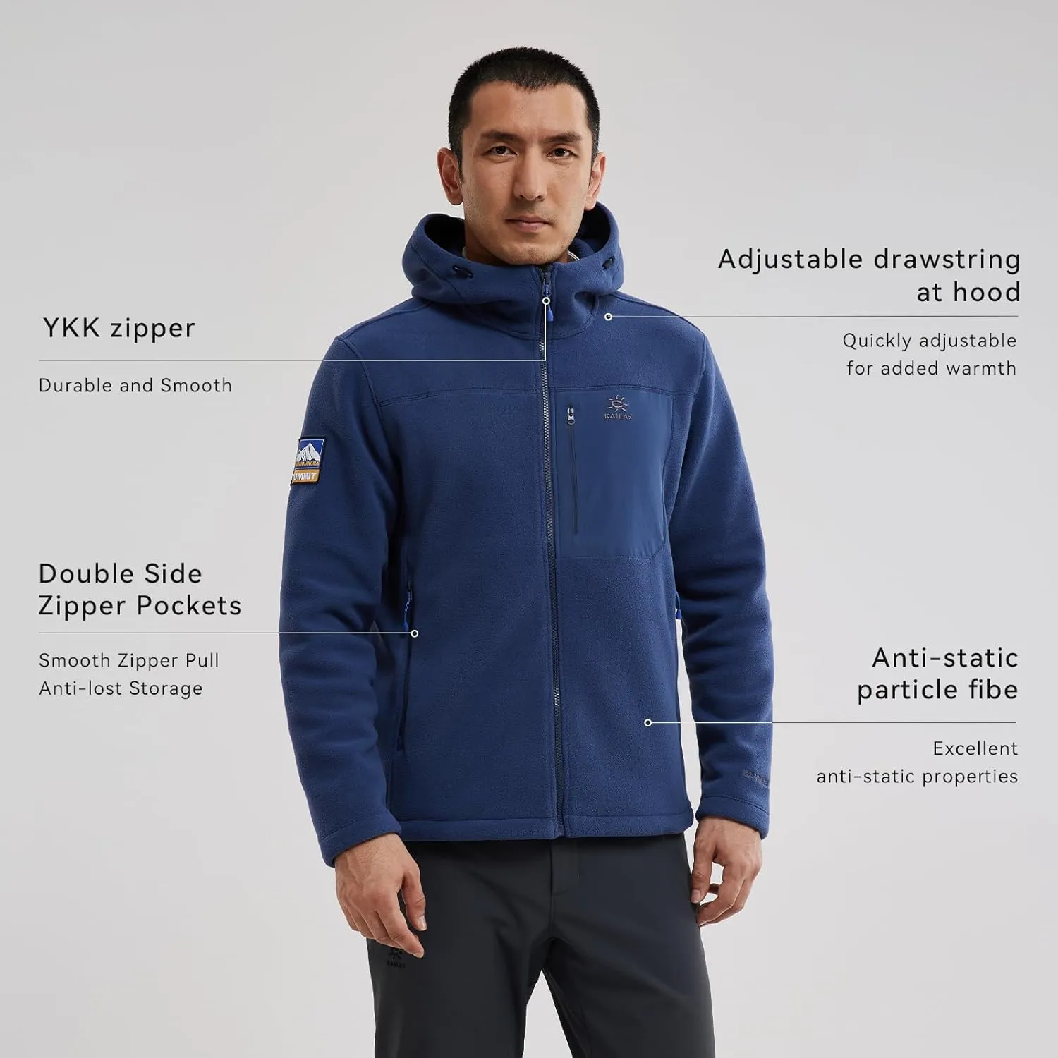 KAILAS Men's Fleece Jacket Hooded Winter Jacket Full Zip Jacket Lightweight Polar Warm Coat Pockets Outdoor Jacket