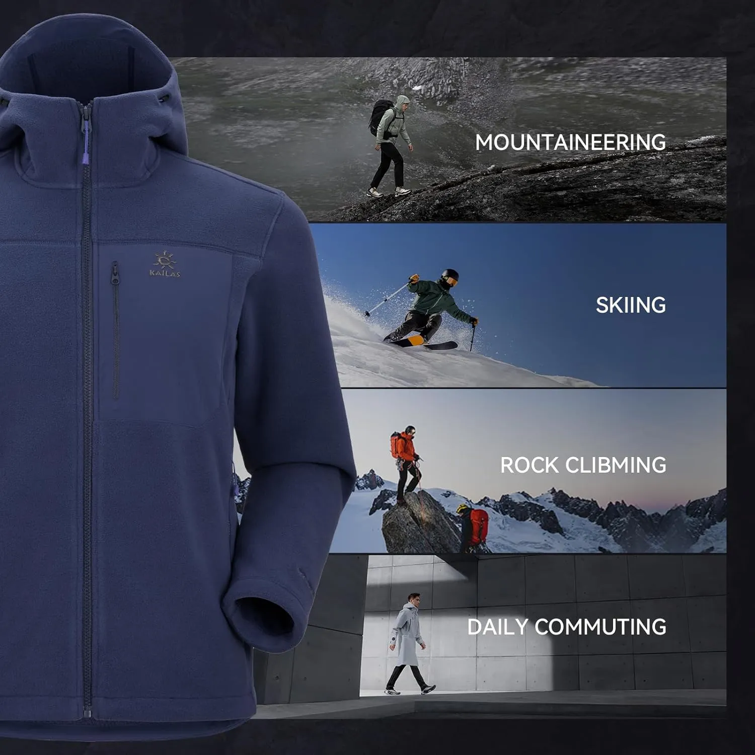 KAILAS Men's Fleece Jacket Hooded Winter Jacket Full Zip Jacket Lightweight Polar Warm Coat Pockets Outdoor Jacket