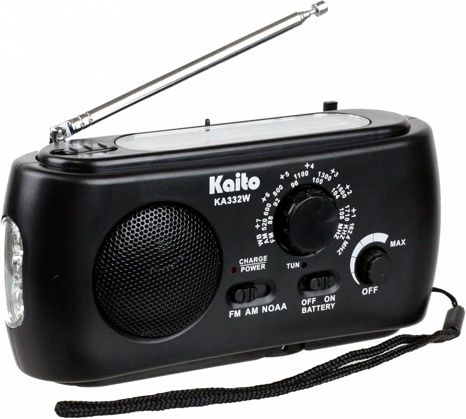 Kaito KA332W Portable Hand Crank Solar AM/FM NOAA Weather Radio with Cell Phone Charger & 3-LED Flashlight (Black)