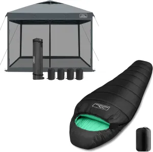KAMPKEEPER 10x10 Pop Up Canopy with Mosquito Netting, Screen Tent with Mesh Sides(Dark Grey) Mummy Sleeping Bag for Adults,3-4 Seasons Cold Weather(Black & Green)