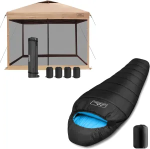 KAMPKEEPER 10x10 Pop Up Canopy with Mosquito Netting, Screen Tent with Mesh Sides(Khaki) Mummy Sleeping Bag for Adults,3-4 Seasons Cold Weather(Black & Blue)