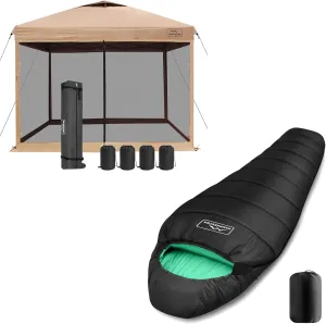 KAMPKEEPER 10x10 Pop Up Canopy with Mosquito Netting, Screen Tent with Mesh Sides(Khaki) Mummy Sleeping Bag for Adults,3-4 Seasons Cold Weather(Black & Green)