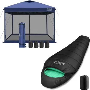 KAMPKEEPER 10x10 Pop Up Canopy with Mosquito Netting, Screen Tent with Mesh Sides(Navy Blue) Mummy Sleeping Bag for Adults,3-4 Seasons Cold Weather(Black & Green)