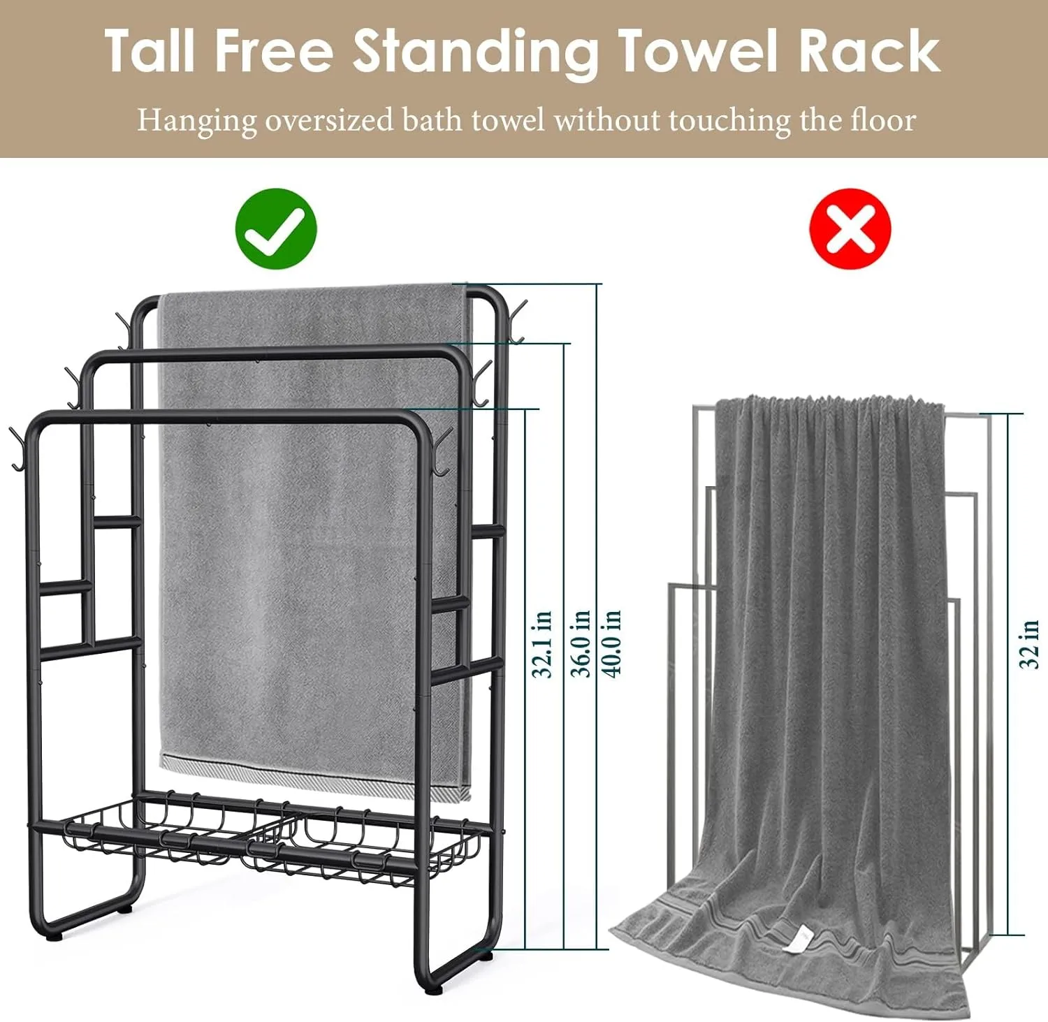 Kayfia 40" Tall Standing Towel Racks, 3 Tier Towel Stand Blanket Rack with 2 Removable Storage Baskets & 6 Hooks, Indoor Outdoor Freestanding Towel Racks for Bathroom Bedroom Organizer