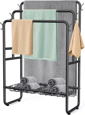 Kayfia 40" Tall Standing Towel Racks, 3 Tier Towel Stand Blanket Rack with 2 Removable Storage Baskets & 6 Hooks, Indoor Outdoor Freestanding Towel Racks for Bathroom Bedroom Organizer