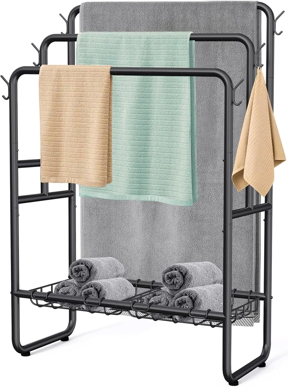 Kayfia 40" Tall Standing Towel Racks, 3 Tier Towel Stand Blanket Rack with 2 Removable Storage Baskets & 6 Hooks, Indoor Outdoor Freestanding Towel Racks for Bathroom Bedroom Organizer