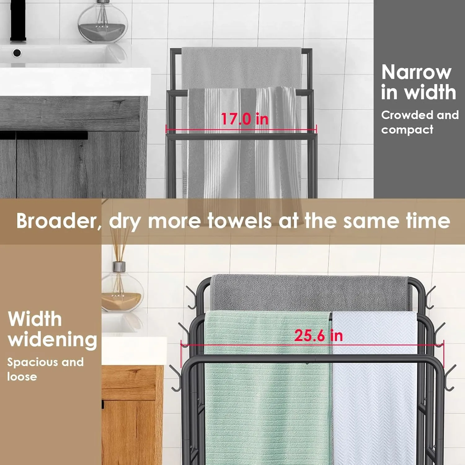 Kayfia 40" Tall Standing Towel Racks, 3 Tier Towel Stand Blanket Rack with 2 Removable Storage Baskets & 6 Hooks, Indoor Outdoor Freestanding Towel Racks for Bathroom Bedroom Organizer