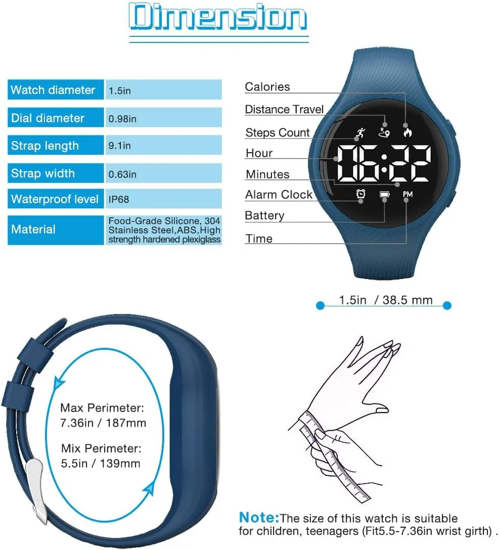 Kids Digital Pedometer Watch, Step Counting Watch, Fitness Tracker, Waterproof, Date/Alarm Clock/Timer, for Children Teens Boys Girls Women (Deep Blue) …
