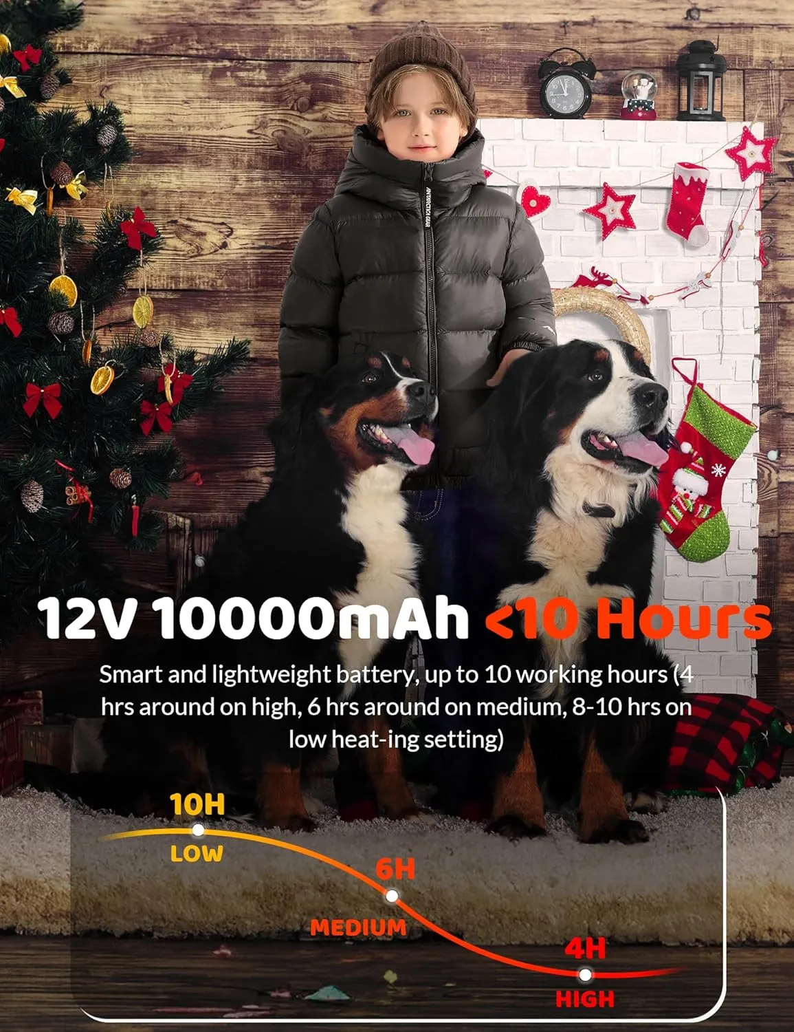 Kids Heated Jacket with 12V/5A 10000 mAh Battery Pack, 3 Heated Areas Winter Coat for Boys & Girls