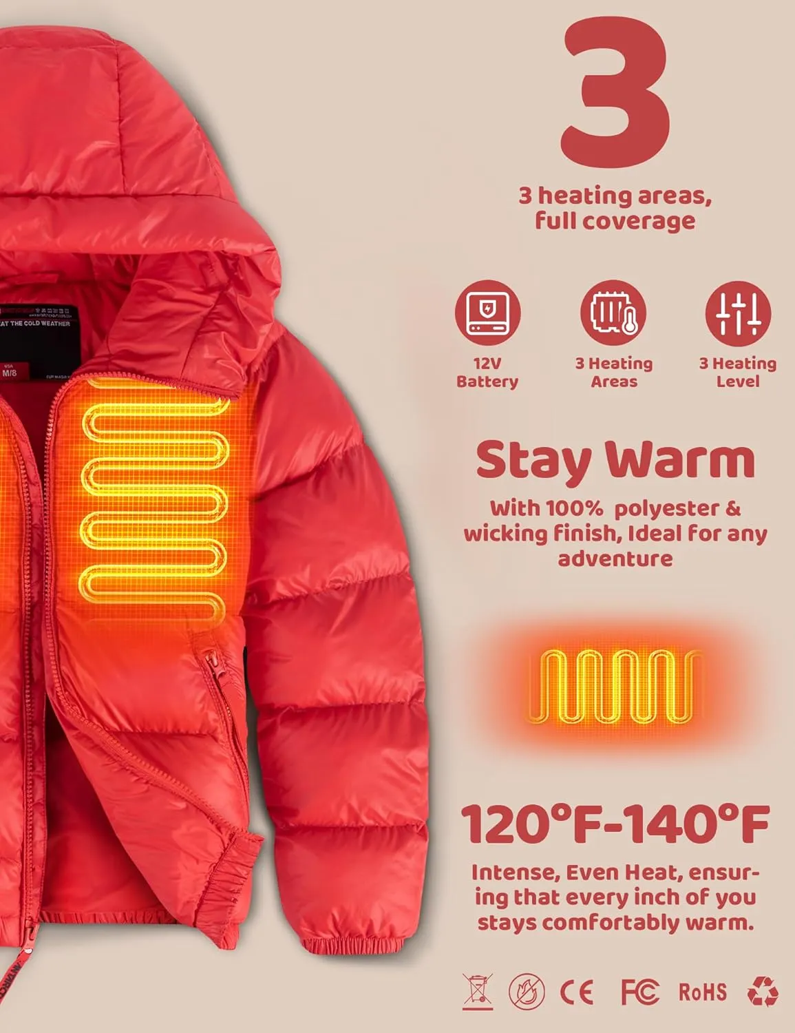 Kids Heated Jacket with 12V/5A 10000 mAh Battery Pack, 3 Heated Areas Winter Coat for Boys & Girls