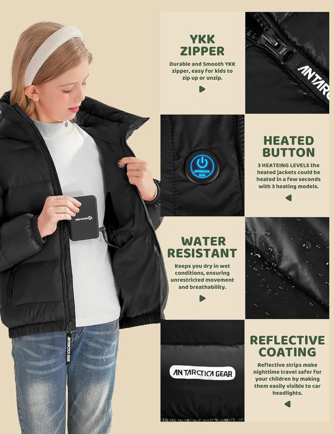 Kids Heated Jacket with 12V/5A 10000 mAh Battery Pack, 3 Heated Areas Winter Coat for Boys & Girls