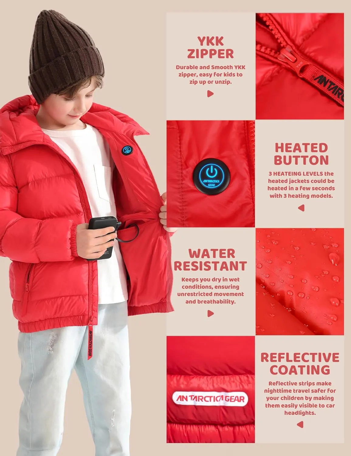 Kids Heated Jacket with 12V/5A 10000 mAh Battery Pack, 3 Heated Areas Winter Coat for Boys & Girls