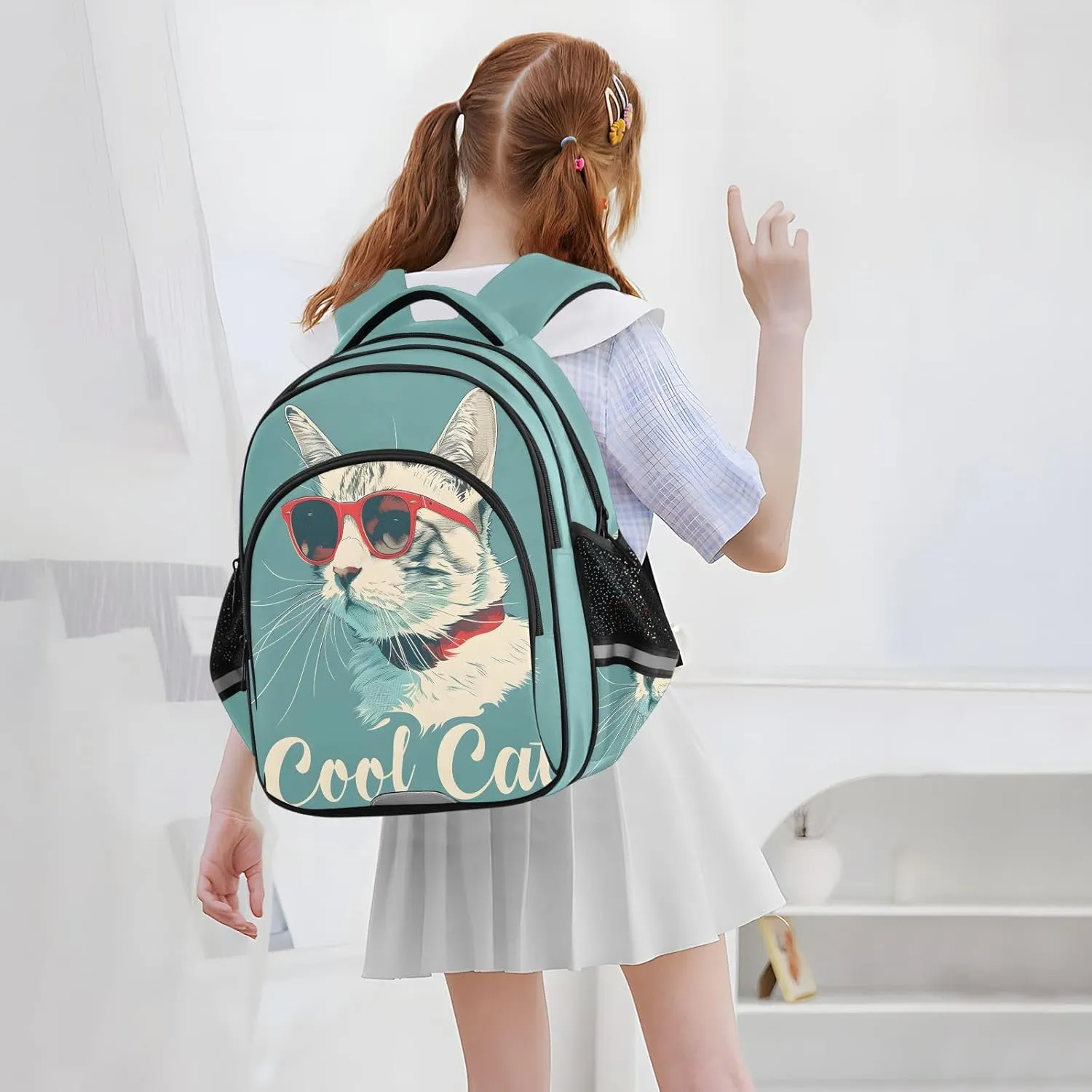 Kids Travel Backpack Cool Cat with Red Frame Glasses Casual Daypack for Weekender Trip