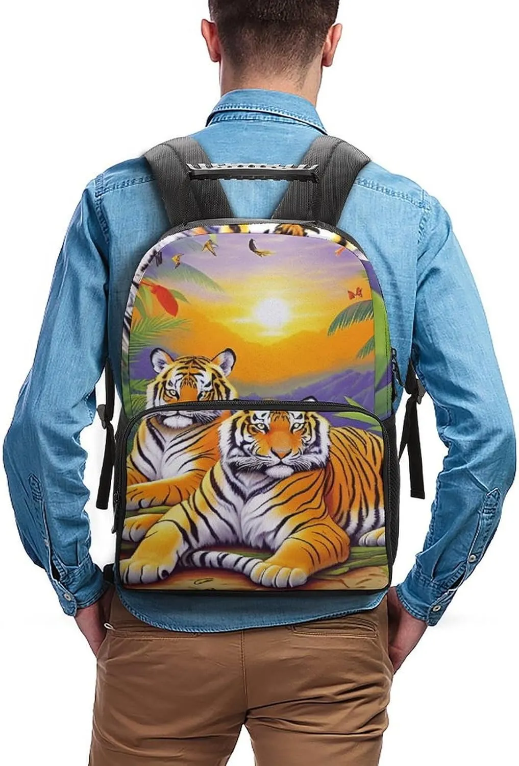 King Of The Tiger Tropical Rainforest Landscape Jungle Art Backpack Polyester Anti-Theft Multipurpose Bookbag Large Capacity Laptop Book Bag Rucksack With Side Pockets