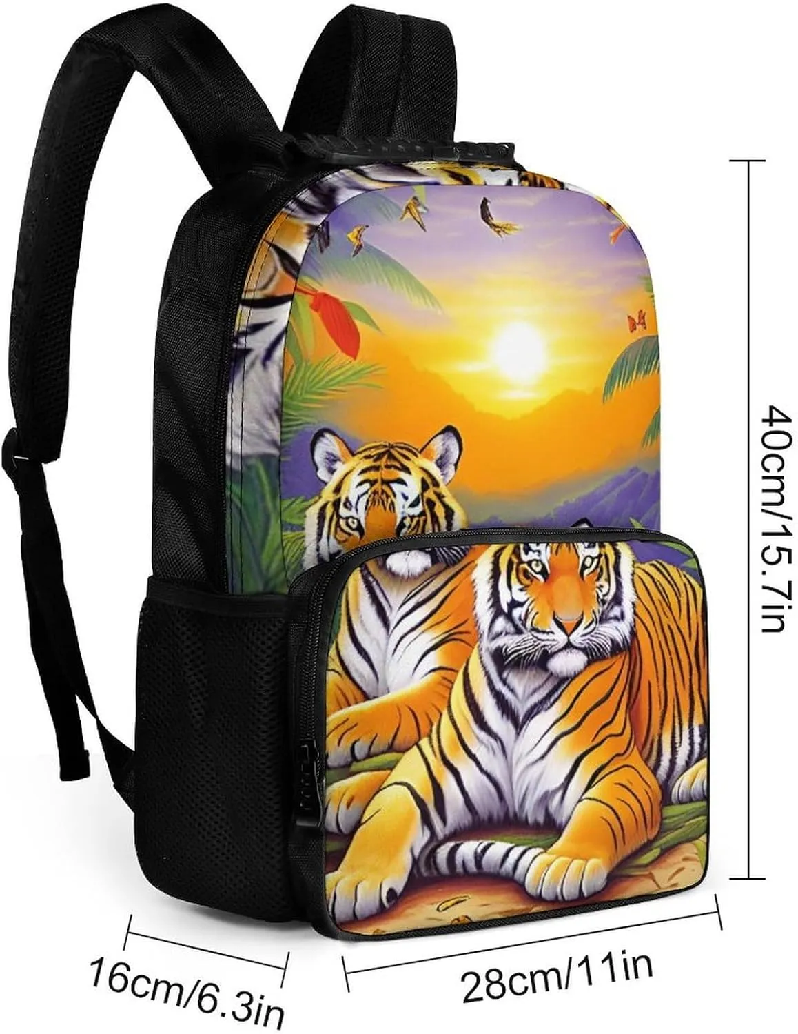 King Of The Tiger Tropical Rainforest Landscape Jungle Art Backpack Polyester Anti-Theft Multipurpose Bookbag Large Capacity Laptop Book Bag Rucksack With Side Pockets