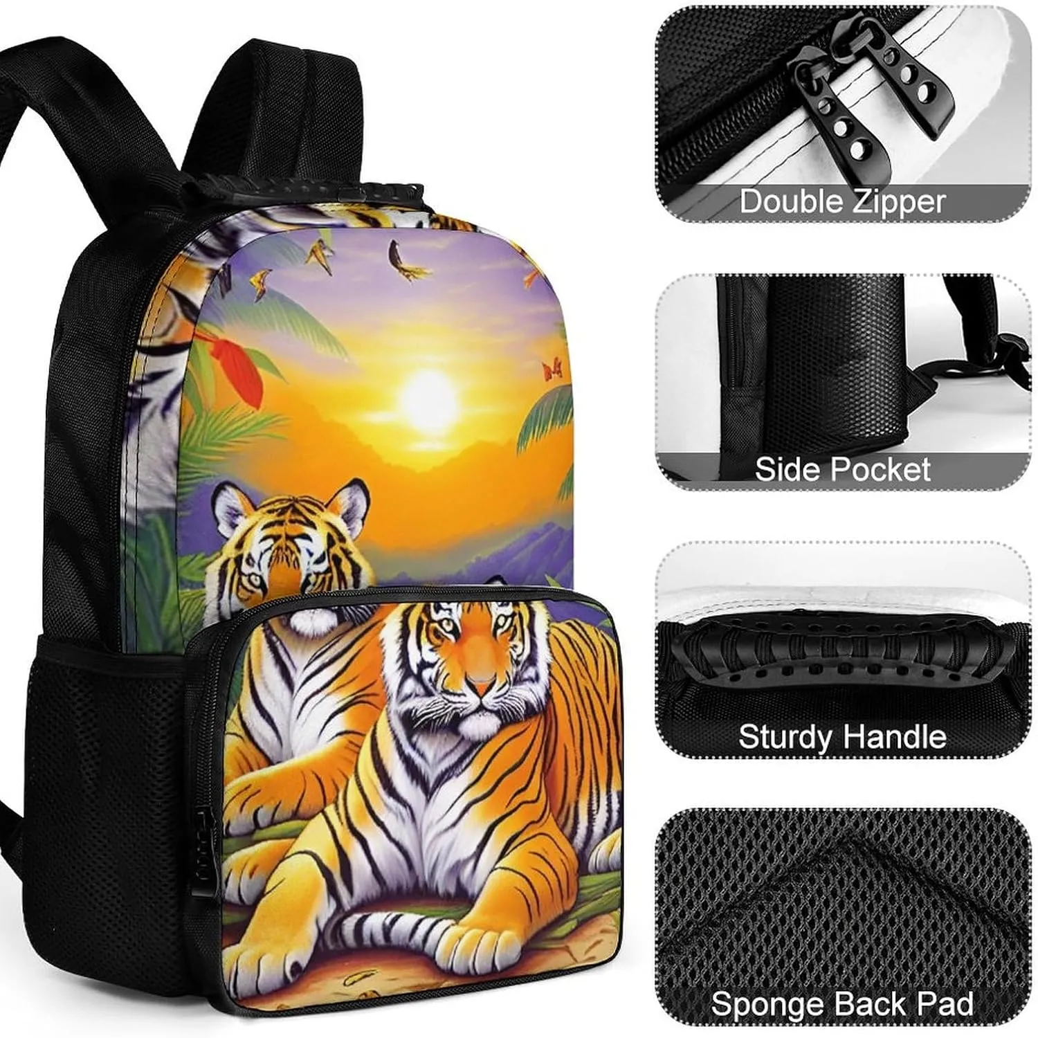 King Of The Tiger Tropical Rainforest Landscape Jungle Art Backpack Polyester Anti-Theft Multipurpose Bookbag Large Capacity Laptop Book Bag Rucksack With Side Pockets