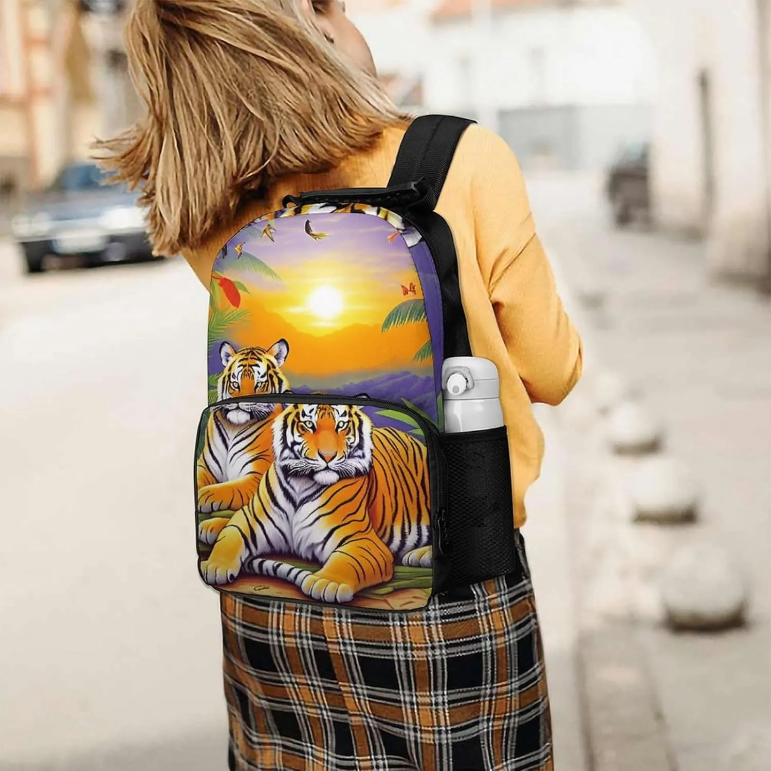 King Of The Tiger Tropical Rainforest Landscape Jungle Art Backpack Polyester Anti-Theft Multipurpose Bookbag Large Capacity Laptop Book Bag Rucksack With Side Pockets