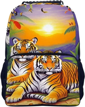 King Of The Tiger Tropical Rainforest Landscape Jungle Art Backpack Polyester Anti-Theft Multipurpose Bookbag Large Capacity Laptop Book Bag Rucksack With Side Pockets