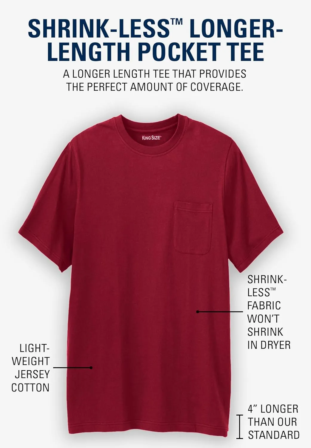 KingSize Men's Big & Tall Shrink-Less Lightweight Longer-Length Crewneck Pocket T-Shirt