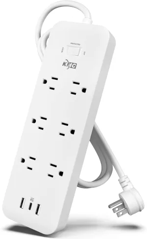 KMC USB-C PD Surge Protector 6-Outlet Power Strip, 30W Power Delivery Port, 2 USB-A Ports, 980J Protection, 4-Foot Extension Cord, White