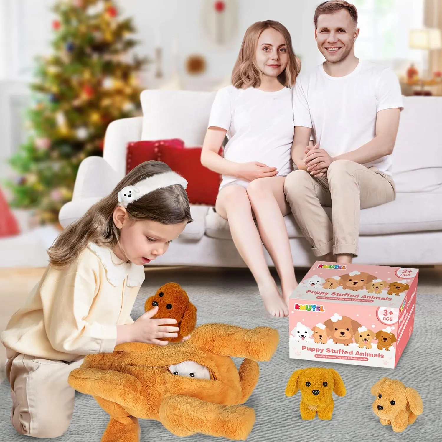 KMUYSL Puppy Stuffed Animals Toys for Ages 3 4 5 6 7 8  Years Old Kids - Mommy Dog with 4 Baby Puppies in Her Tummy, Idea Xmas Birthday Gifts for Baby, Toddler, Girls, Boys