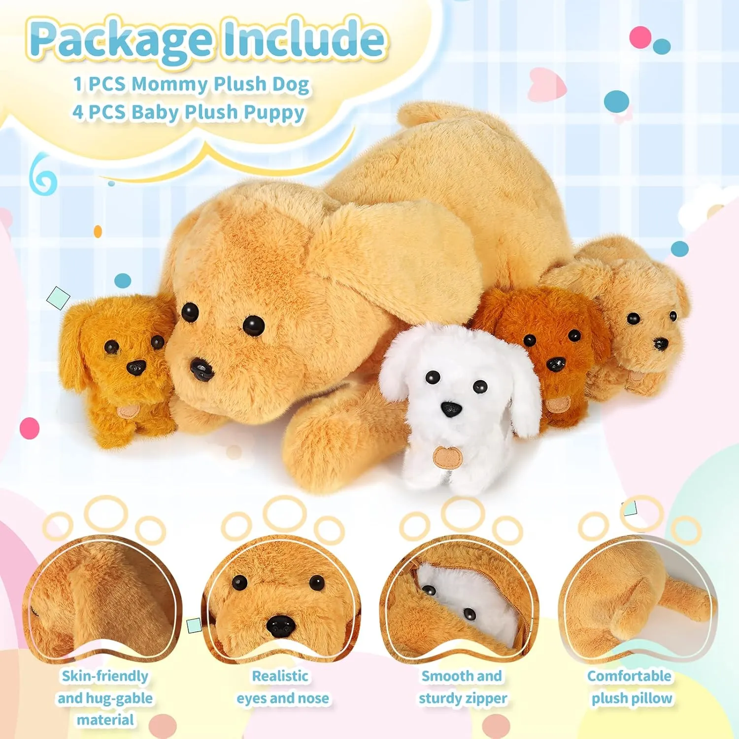 KMUYSL Puppy Stuffed Animals Toys for Ages 3 4 5 6 7 8  Years Old Kids - Mommy Dog with 4 Baby Puppies in Her Tummy, Idea Xmas Birthday Gifts for Baby, Toddler, Girls, Boys