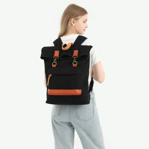 Kono Large Capacity Canvas Casual Travel Backpack - Black