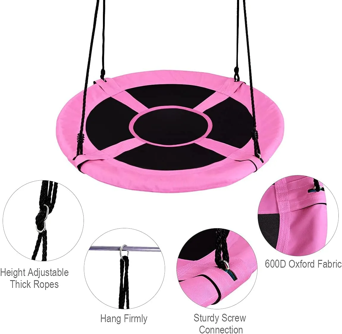 KOTEK 40” Saucer Tree Swing for Kids, Indoor Outdoor Backyard Swing Sets with Adjustable Hanging Ropes, Steel Frame, Easy Setup, Swing for Children Adults (Pink)