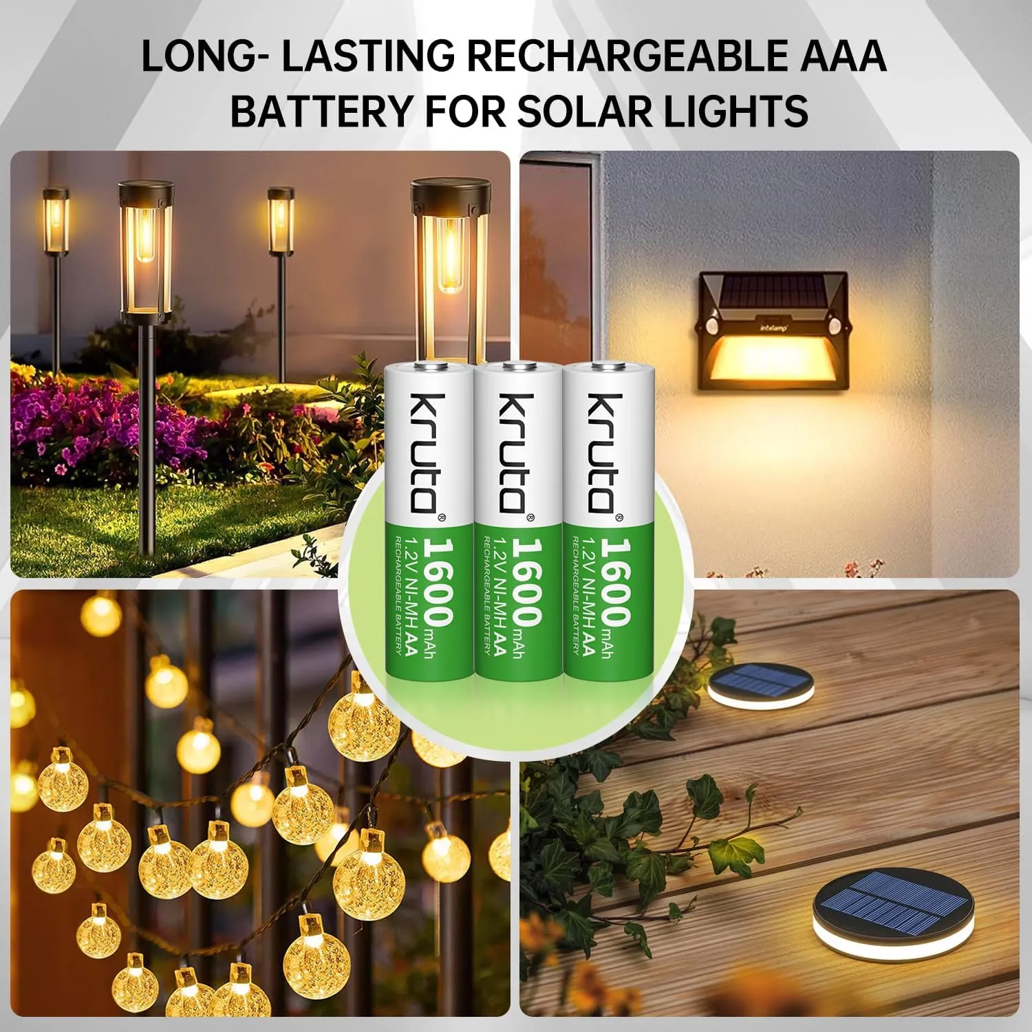 Kruta Rechargeable AA Batteries,12-Pack1.2V Ni-MH 1600mAh High Capacity Double A Solar AA Batteries for Outdoor Solar Lights & Home Devices Like Toy, Remotes,Pre-Charged, Recharge up to 1200 Times