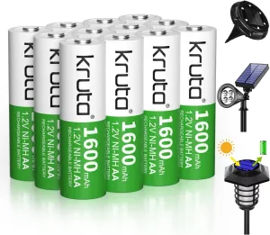 Kruta Rechargeable AA Batteries,12-Pack1.2V Ni-MH 1600mAh High Capacity Double A Solar AA Batteries for Outdoor Solar Lights & Home Devices Like Toy, Remotes,Pre-Charged, Recharge up to 1200 Times