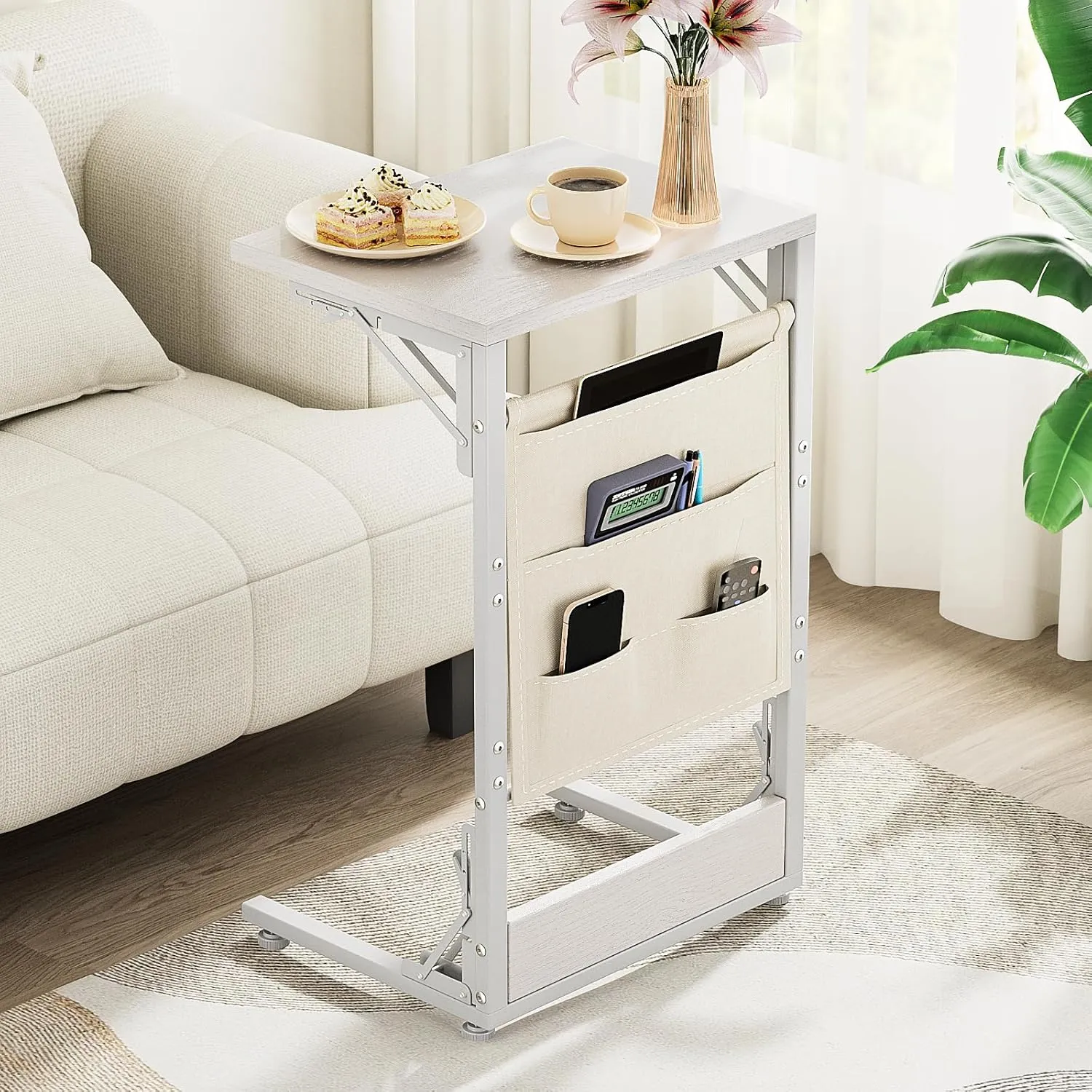 Kufutee Folding TV Tray Table, C-Shaped End Table with Storage Bag - Portable End Table for Couch, Bedroom, Living Room, Sturdy Metal Frame Tray Table with Extra Storage for Snacks, Laptop (White)