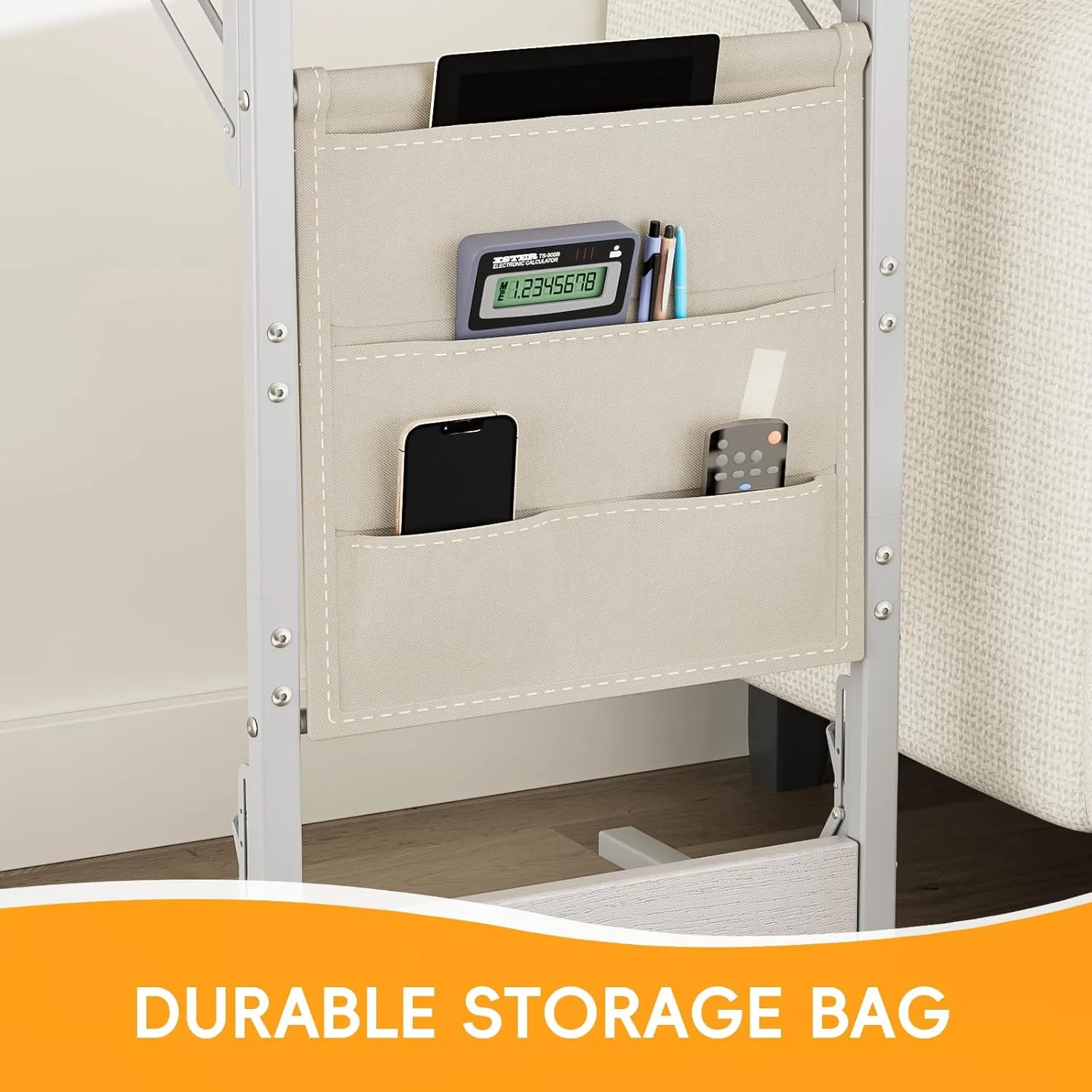 Kufutee Folding TV Tray Table, C-Shaped End Table with Storage Bag - Portable End Table for Couch, Bedroom, Living Room, Sturdy Metal Frame Tray Table with Extra Storage for Snacks, Laptop (White)