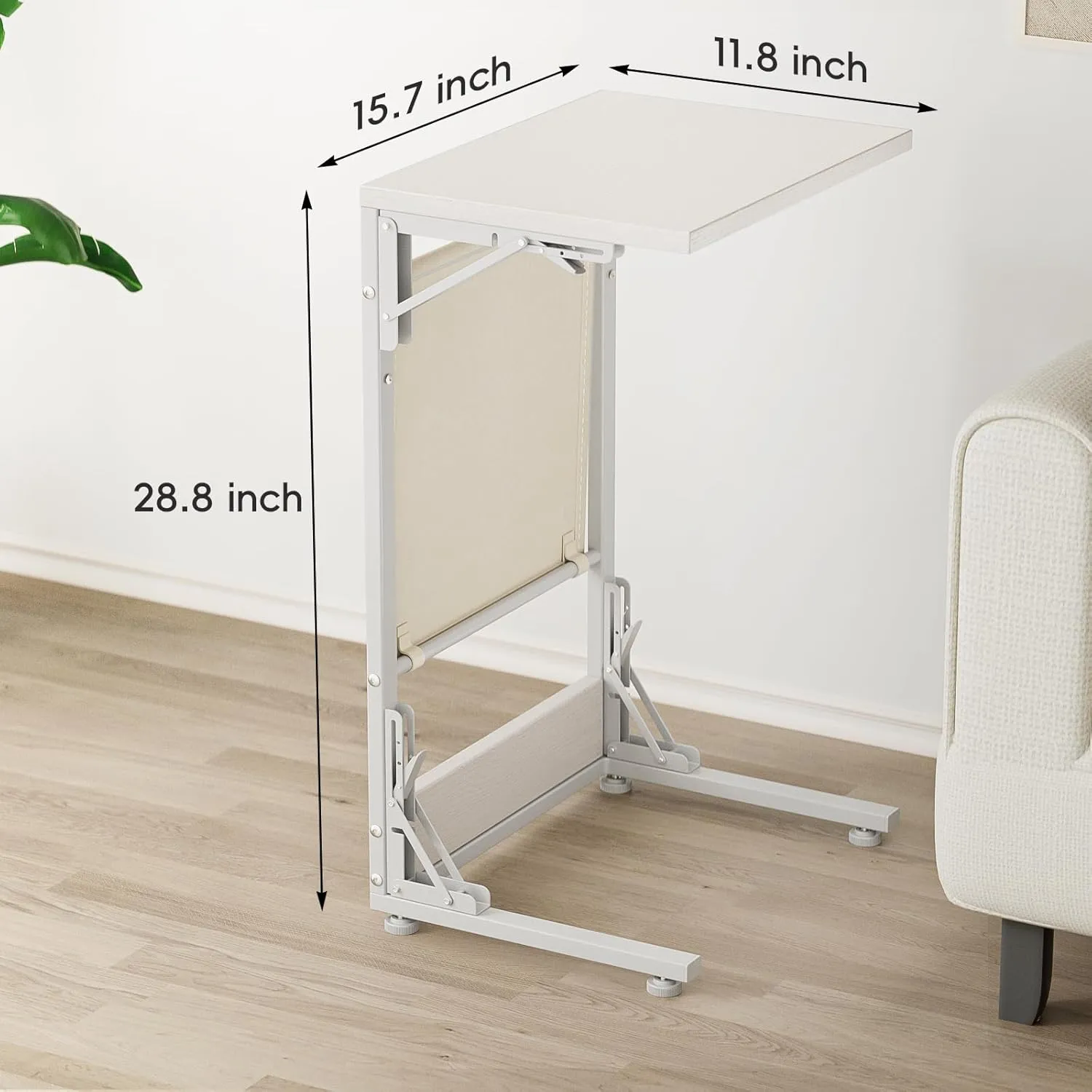Kufutee Folding TV Tray Table, C-Shaped End Table with Storage Bag - Portable End Table for Couch, Bedroom, Living Room, Sturdy Metal Frame Tray Table with Extra Storage for Snacks, Laptop (White)