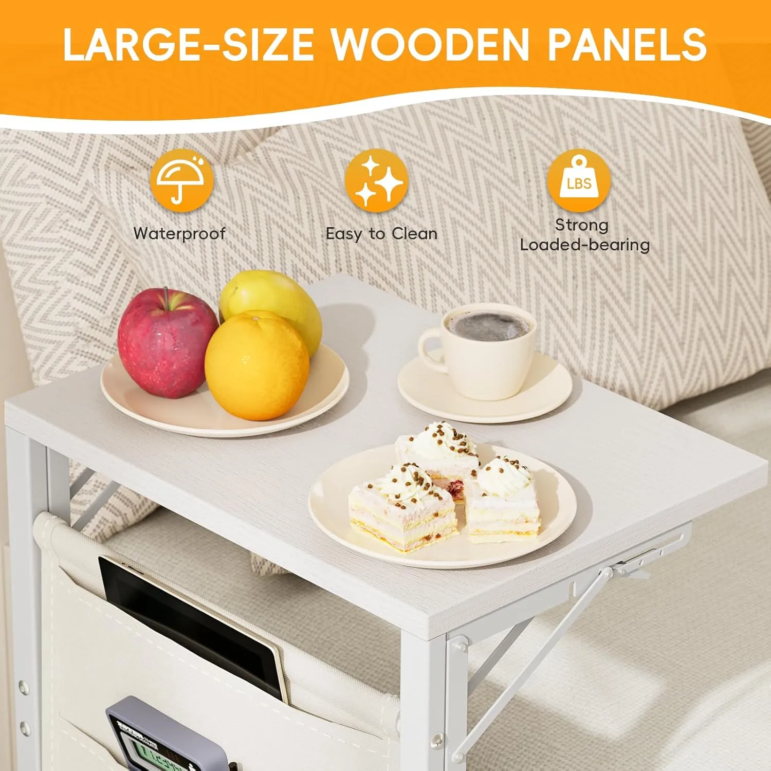 Kufutee Folding TV Tray Table, C-Shaped End Table with Storage Bag - Portable End Table for Couch, Bedroom, Living Room, Sturdy Metal Frame Tray Table with Extra Storage for Snacks, Laptop (White)