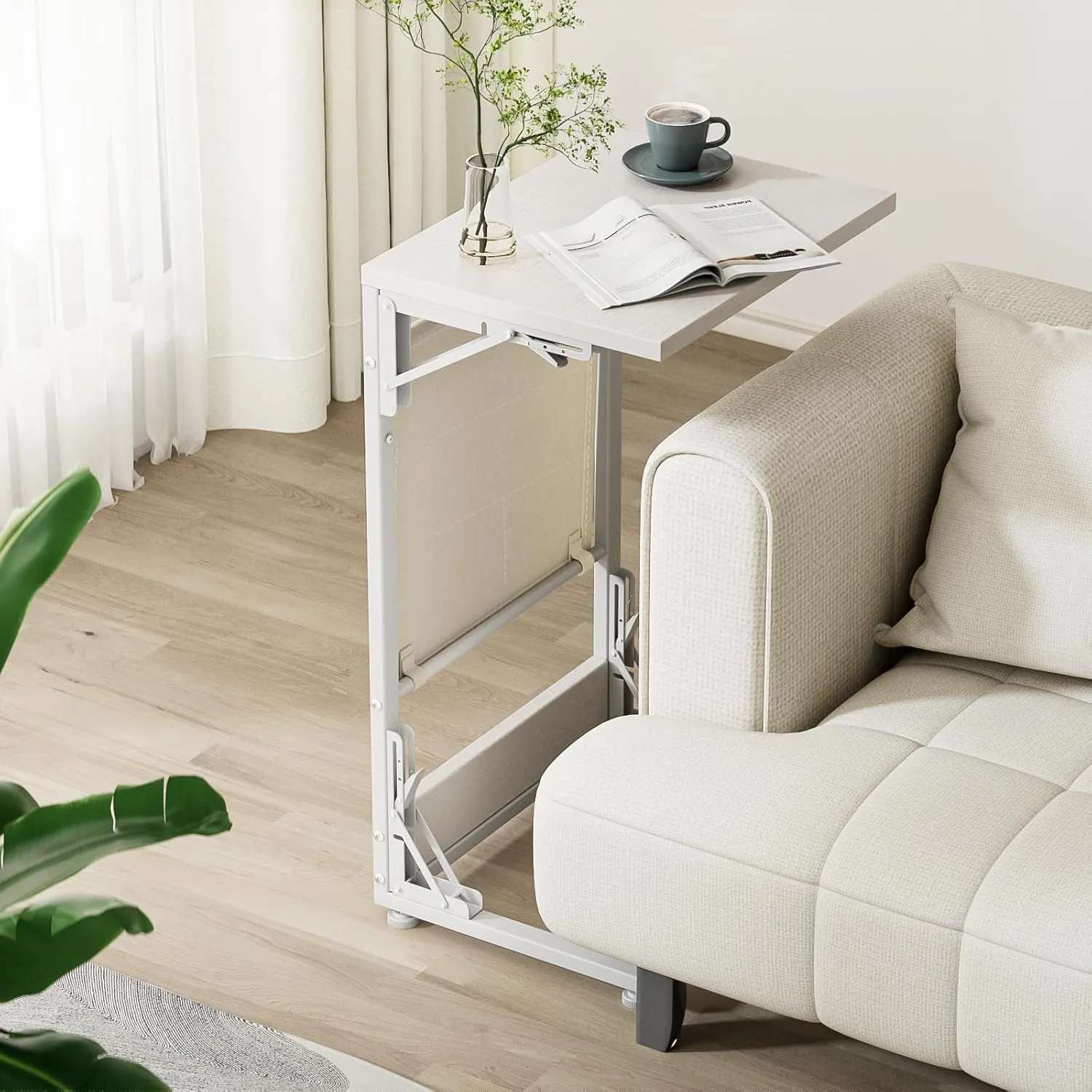 Kufutee Folding TV Tray Table, C-Shaped End Table with Storage Bag - Portable End Table for Couch, Bedroom, Living Room, Sturdy Metal Frame Tray Table with Extra Storage for Snacks, Laptop (White)