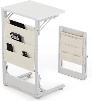 Kufutee Folding TV Tray Table, C-Shaped End Table with Storage Bag - Portable End Table for Couch, Bedroom, Living Room, Sturdy Metal Frame Tray Table with Extra Storage for Snacks, Laptop (White)