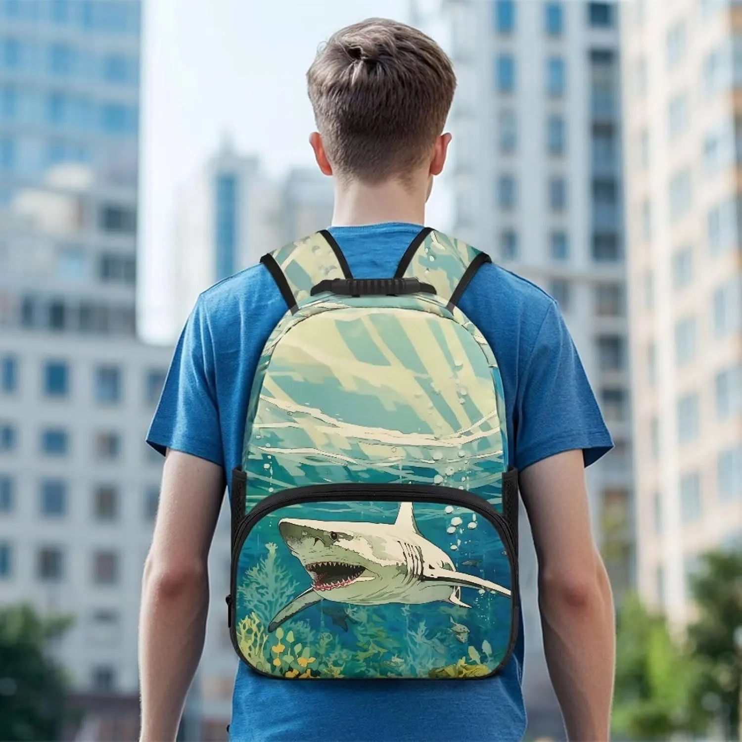 Large Capacity 17 Inch Kids Backpack Big Shark Axolotl Bookbag Lightweight Daypack for Back to School Teenagers Boys Girls University Students Business Travel Commute