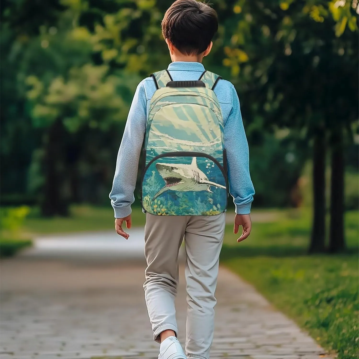 Large Capacity 17 Inch Kids Backpack Big Shark Axolotl Bookbag Lightweight Daypack for Back to School Teenagers Boys Girls University Students Business Travel Commute