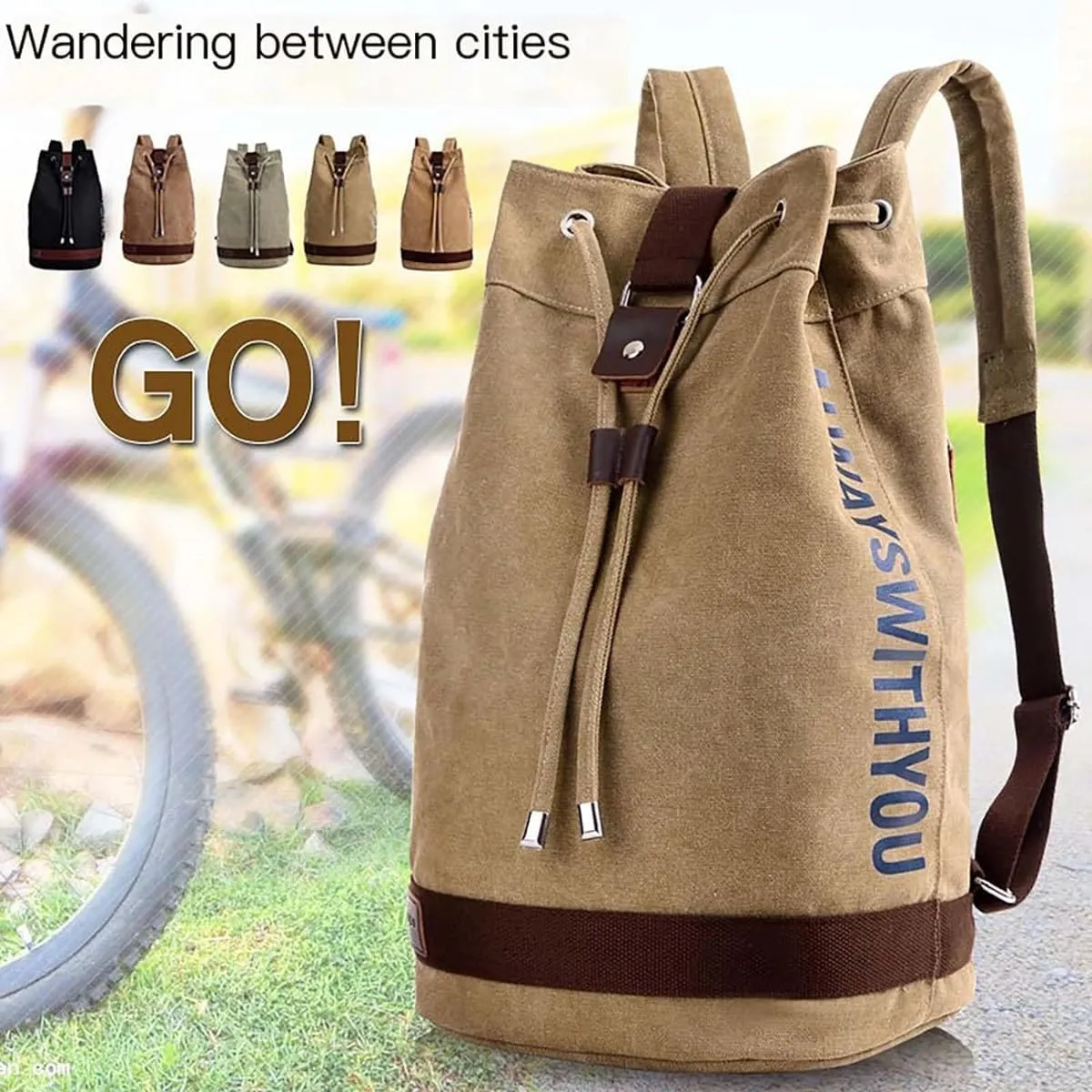 Large Capacity Drawstring Backpack,Canvas Sports Backpack,Leisure Travel Computer Backpack,Outdoor Sports Drawstring Bucket Bag,Gym backpack,Universal for Both Men and Women (Large, Khaki)