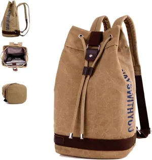 Large Capacity Drawstring Backpack,Canvas Sports Backpack,Leisure Travel Computer Backpack,Outdoor Sports Drawstring Bucket Bag,Gym backpack,Universal for Both Men and Women (Large, Khaki)