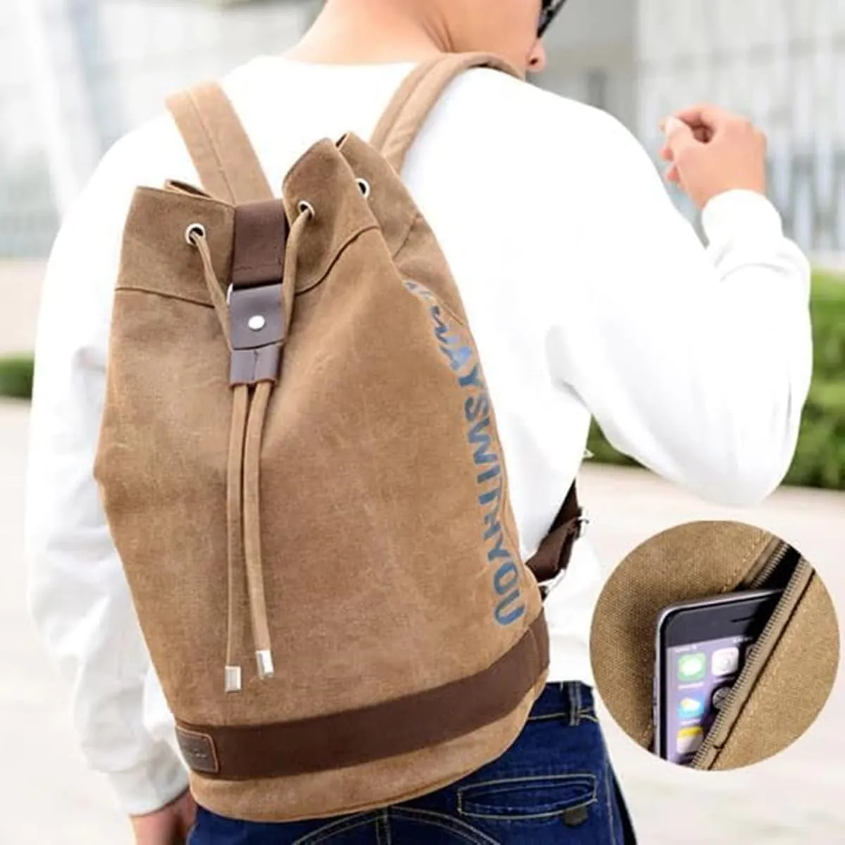 Large Capacity Drawstring Backpack,Canvas Sports Backpack,Leisure Travel Computer Backpack,Outdoor Sports Drawstring Bucket Bag,Gym backpack,Universal for Both Men and Women (Large, Khaki)