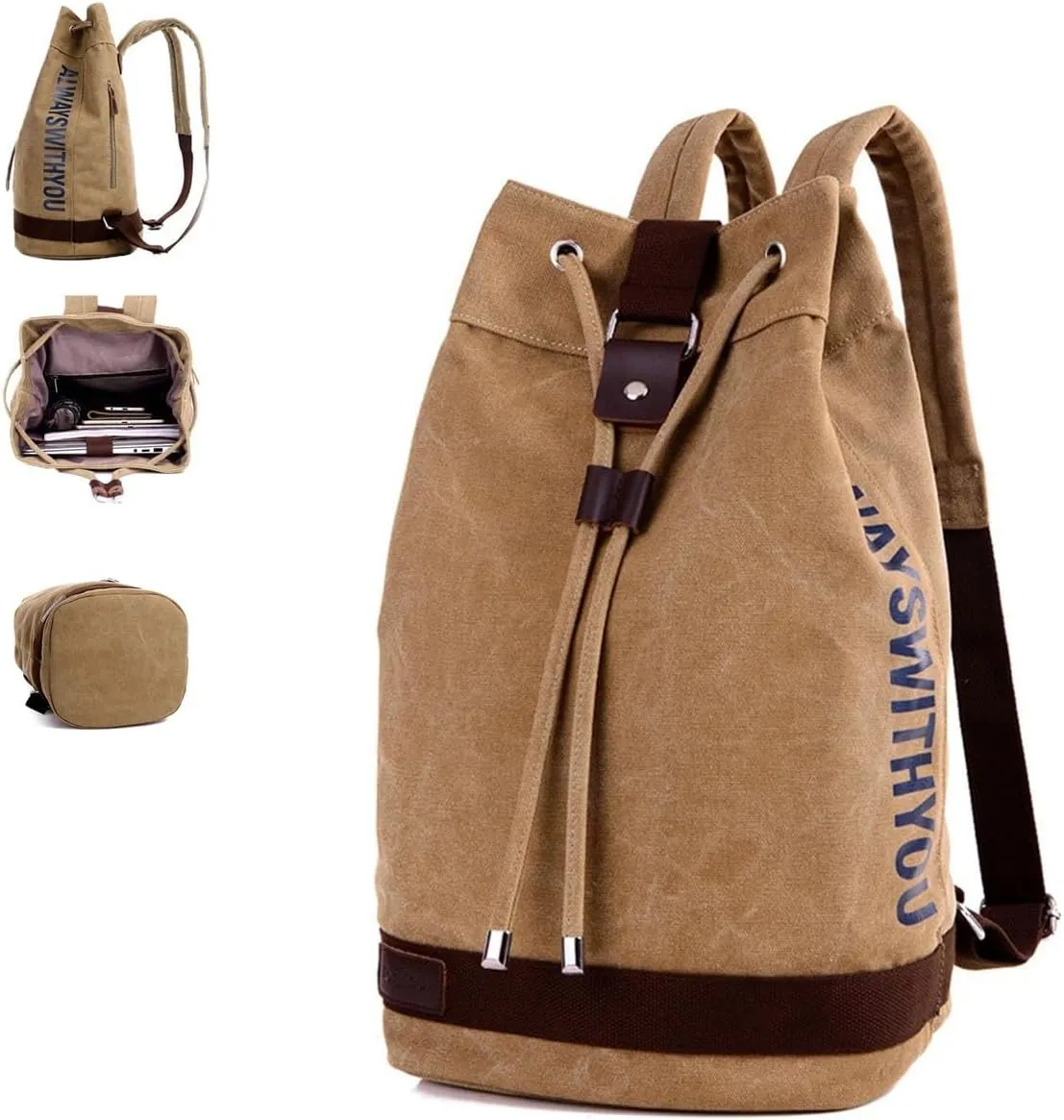 Large Capacity Drawstring Backpack,Canvas Sports Backpack,Leisure Travel Computer Backpack,Outdoor Sports Drawstring Bucket Bag,Gym backpack,Universal for Both Men and Women (Large, Khaki)