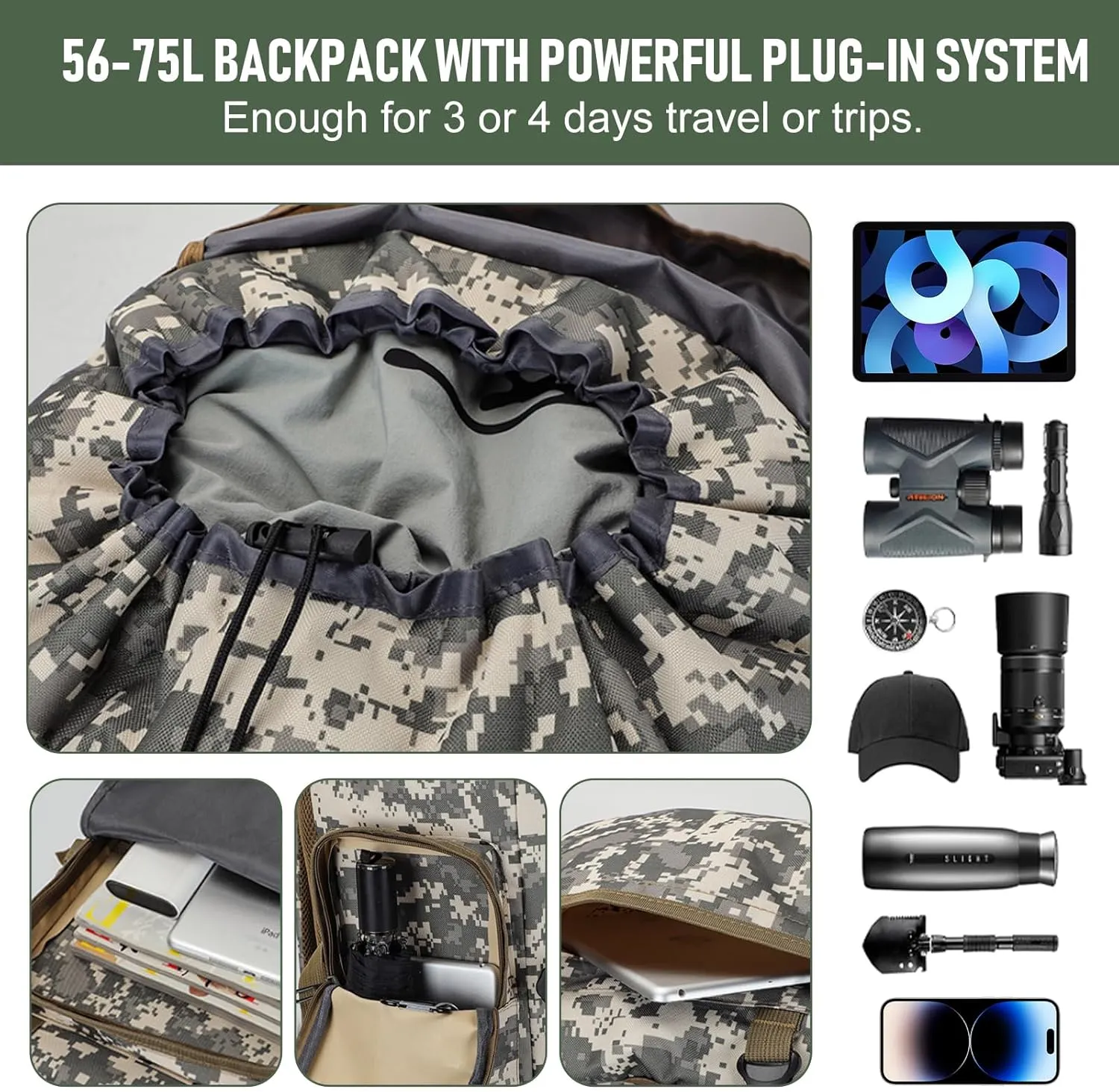 Large Capacity Hiking Backpack, Hiking for Men 56L/70L Camping Backpack 3 Days Pack for Climbing (CP)