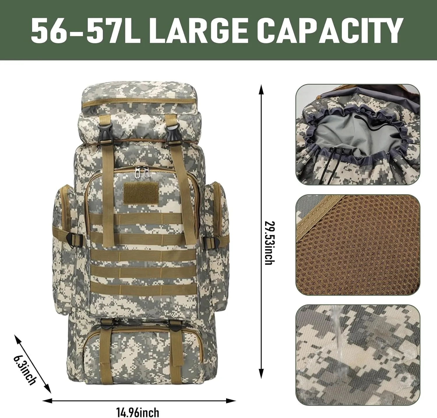 Large Capacity Hiking Backpack, Hiking for Men 56L/70L Camping Backpack 3 Days Pack for Climbing(Grey camouflage)