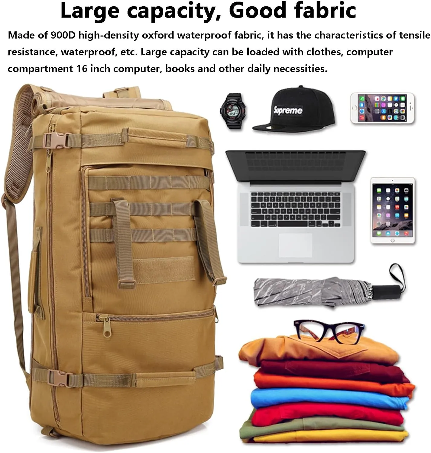 Large Capacity Tactical Backpack Travel Rucksack Bag, Great Outdoor Duffle Bag for Men and Women, 60L(Green)