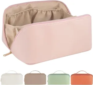Large Capacity Travel Cosmetic Bags for Women, PU Leather Makeup Bag,Waterproof Portable Pouch Open Flat Lay Cosmetic Bag Makeup Organizer Bag with Divider and Handle-Pink