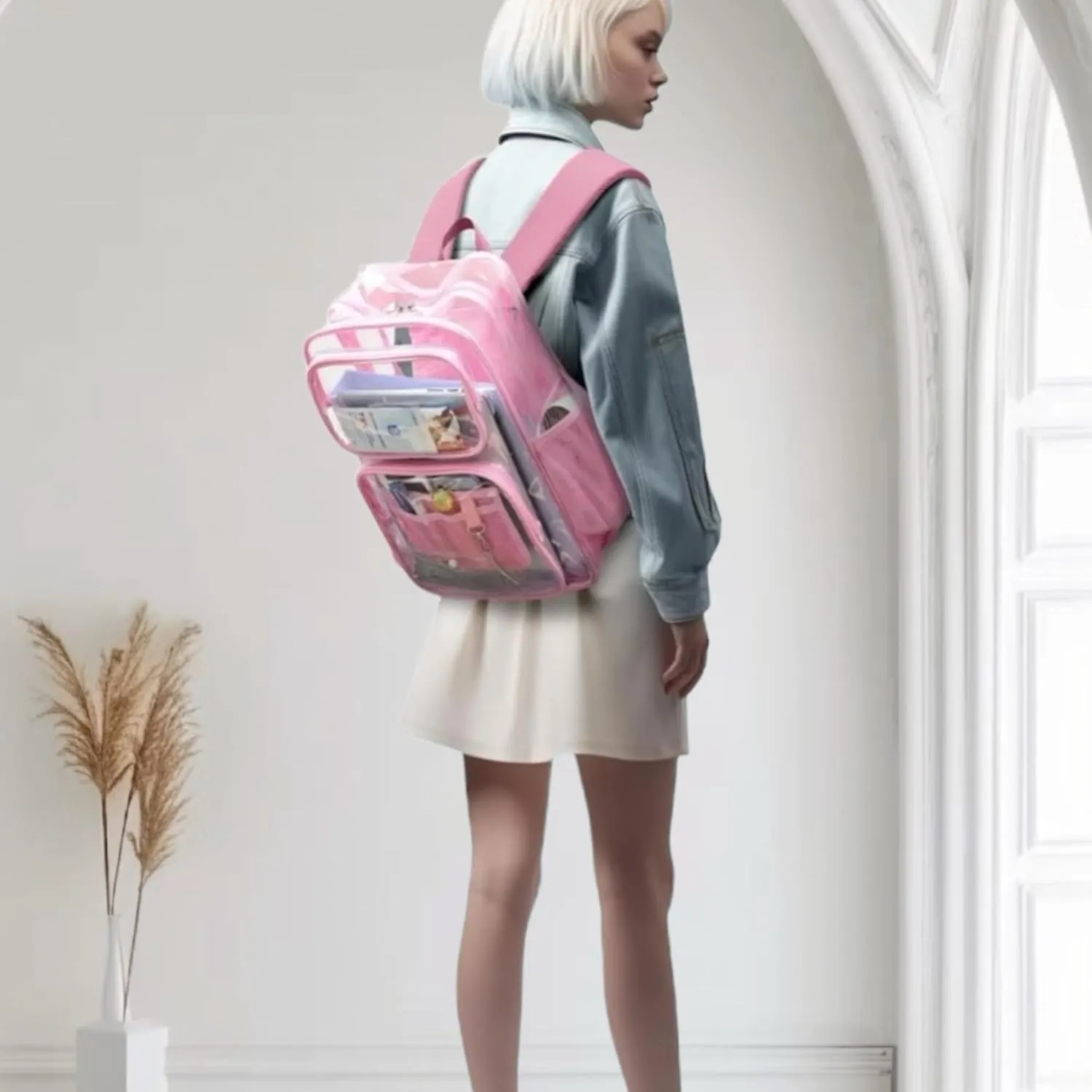 Large Clear Backpack Clear BookBag (Unisex) Heavy Duty PVC Backpack with Reinforced Strap for Clear Backpack Pink Stadium Access Bag (PINK)